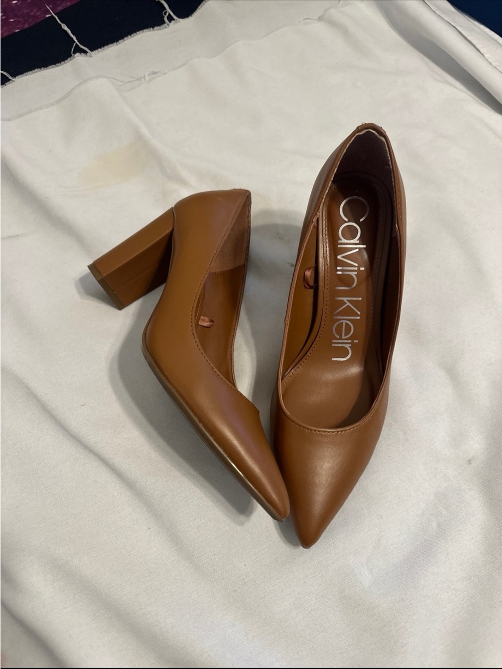 Calvin Klein Cognac Pointed Block Heel Pumps